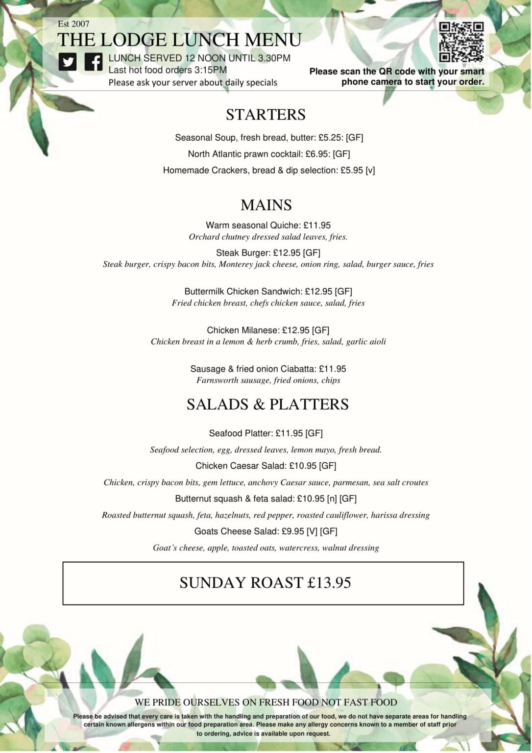 Food Menus Blackpool Lancashire Staining Lodge Golf Course